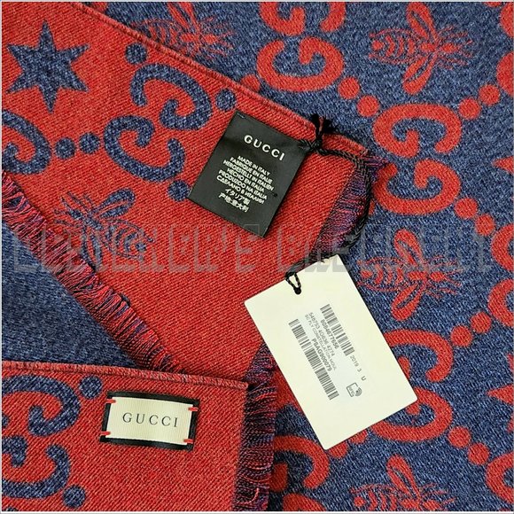 GUCCI red & blue CONSTELLATION Bee GG Stars wool/silk reversible long scarf NWT - Picture 4 of 12